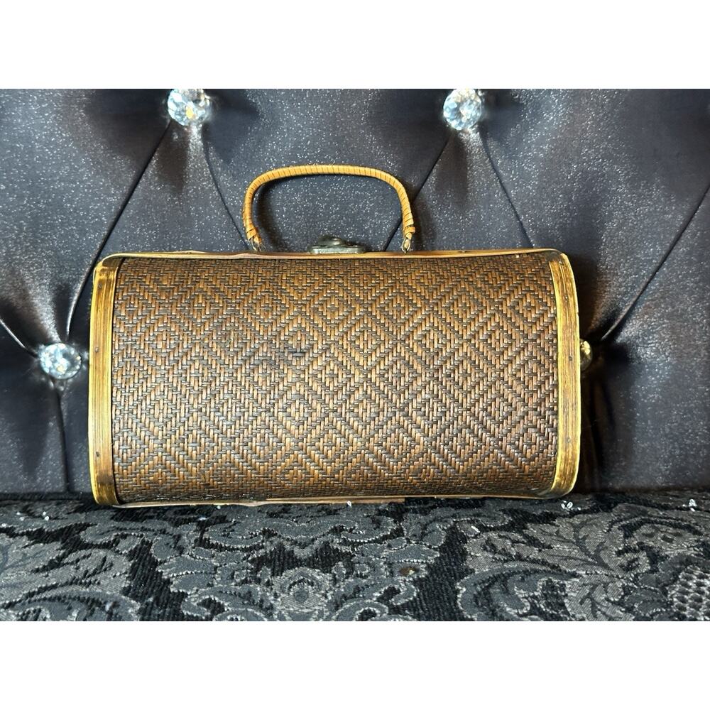 Vintage Hard Wood Shell Woven Brown Purse Hand Bag Ethnic Handmade Boho Coastal - Picture 3 of 6